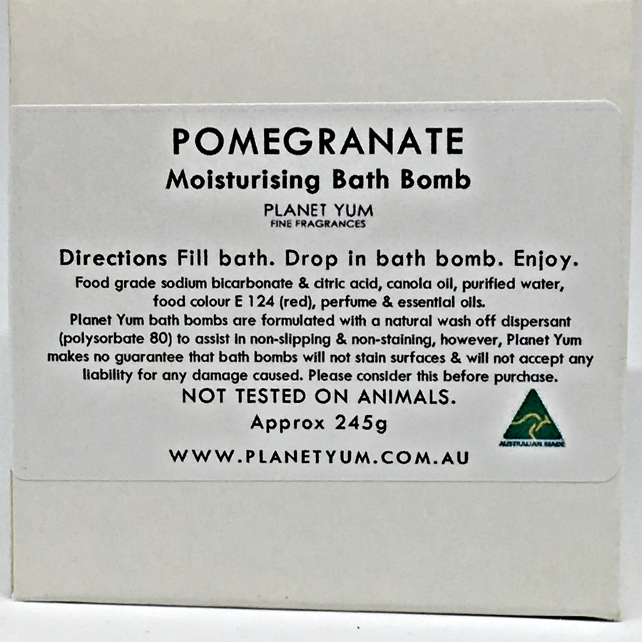 rear of packaging showing ingredients for Pomegranate bath bomb by Planet Yum