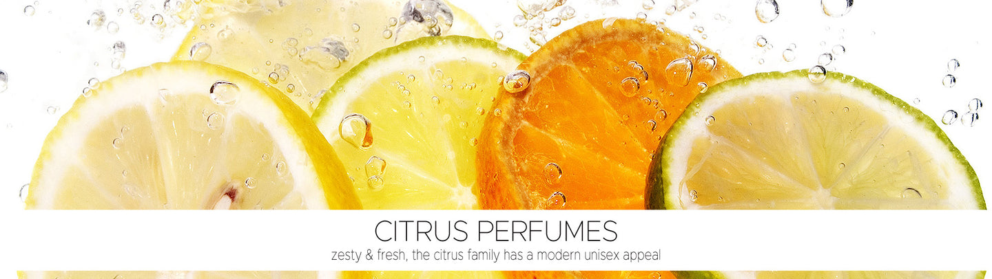 Citrus fruit slices standing against each other in a line with text reading Citrus Perfumes by Planet Yum