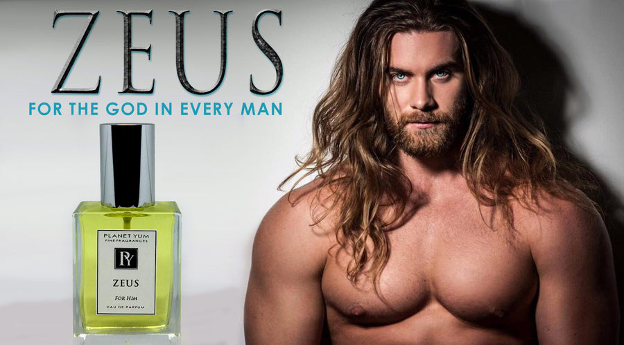 Zeus Perfume for Men by Planet Yum showing large chested long haired blue eyed model