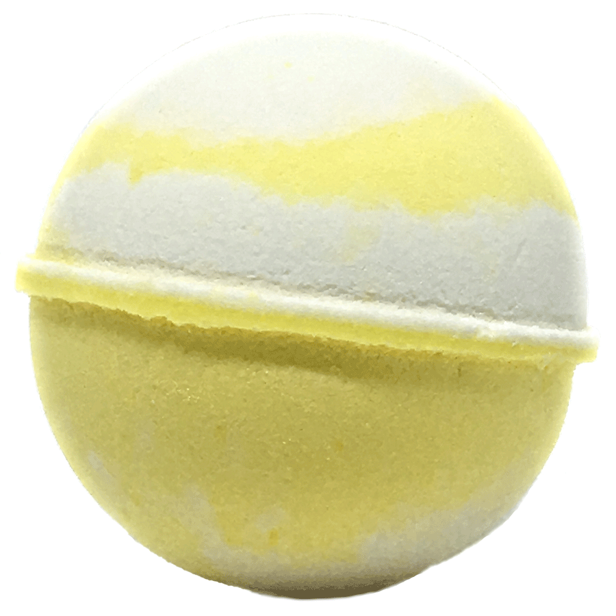 Planet Yum Frangipani Bath Bomb Yellow & White on white background