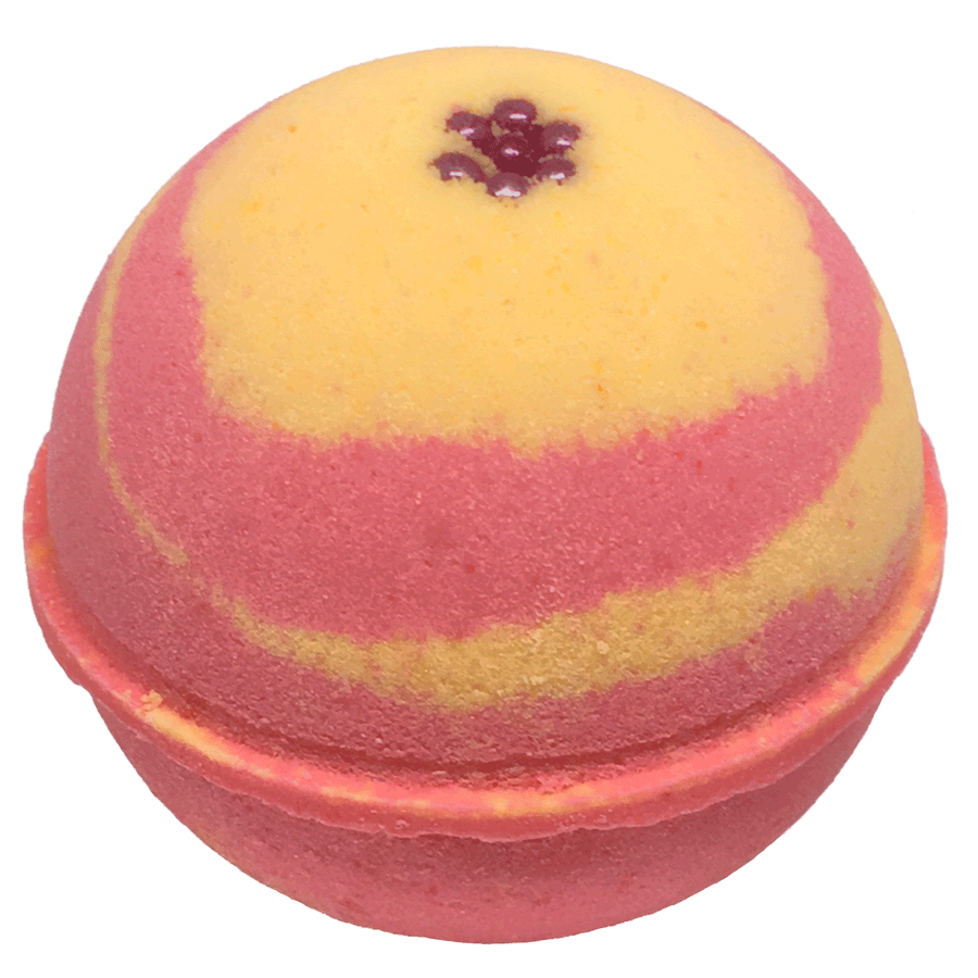 Japanese honeysuckle bath bomb by Planet Yum concentric rings of orange & pink topped with shiny metallic red sugar pearls