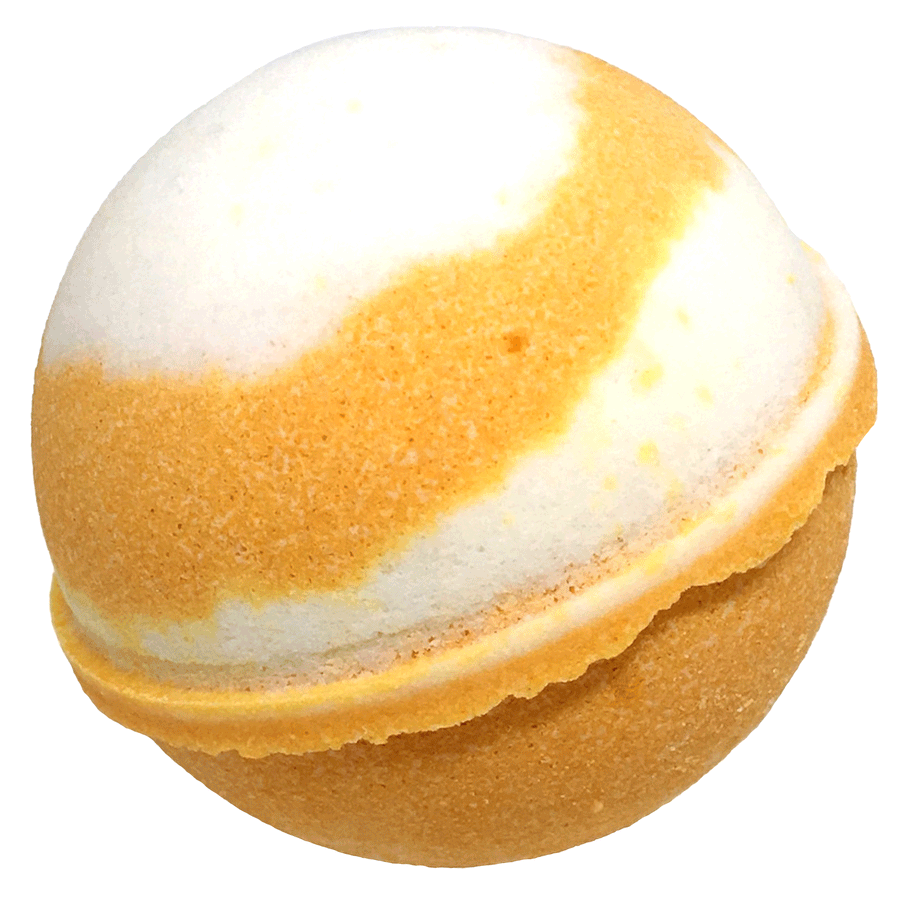 Milk & Honey Bath Bomb by Planet Yum with concentric rings of white and honey colour on white background