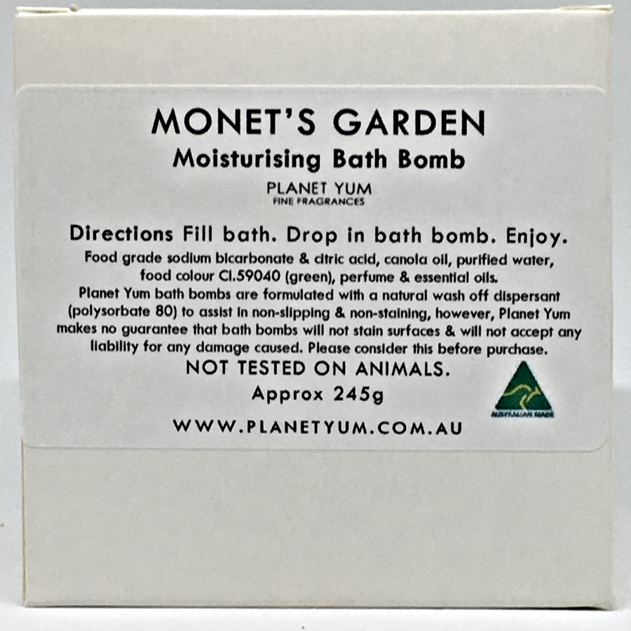 rear packaging for Monet's Garden bath bomb by Planet Yum showing ingredients.