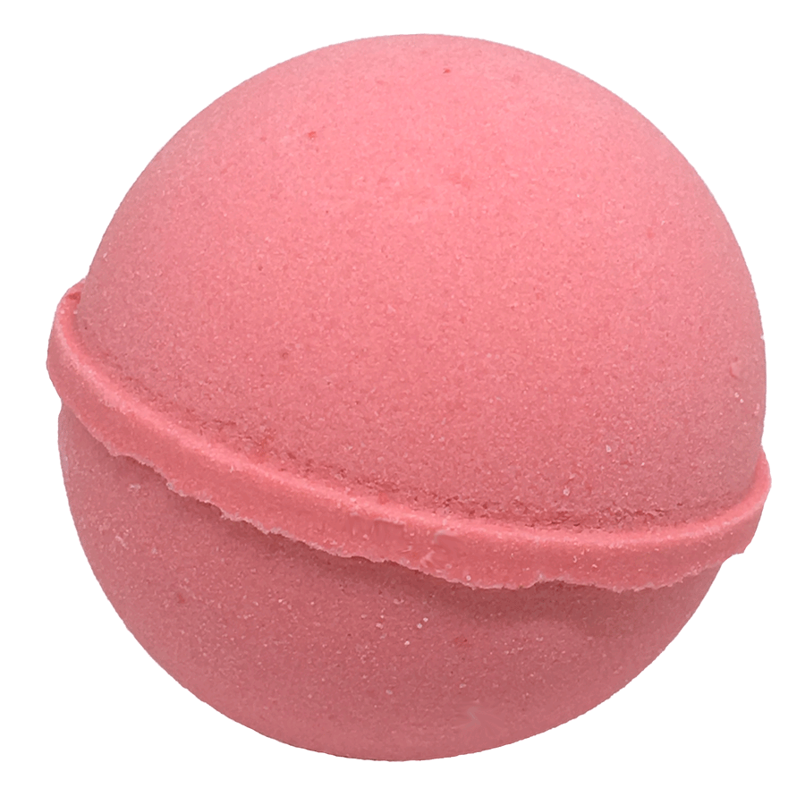 pomegranate coloured bath bomb called pomegranate by Planet Yum on white background