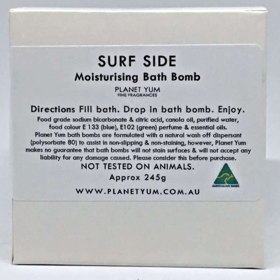 surf side bath bomb by Planet Yum rear of pack showing ingredients